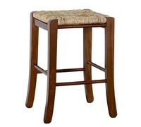 Tabouret de bar en bois, assise carrée en paille, pieds sabre, noyer H47