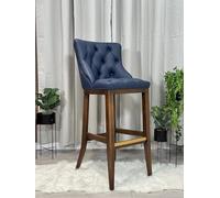 Tabouret de bar en cuir bleu marine avec boutons et dossier haut (750 mm) élégant cadre en bois de hêtre assise confortable pour cuisine, maison, bar, pub ou salle à manger