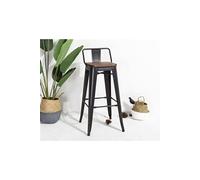 - Tabouret de bar en métal noir mat et assise en bois foncé avec dossier, chaise de bar Tabouret métal et bois haut hauteur 76cm parfait pour table