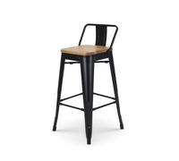 Tabouret de bar en métal noir mat style industriel avec dossier et assise en bois clair - Hauteur 66cm