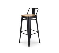 Kosmi Tabouret de Bar en métal Noir Mat Style Industriel avec Dossier et Assise en Bois Clair - Hauteur 76 cm