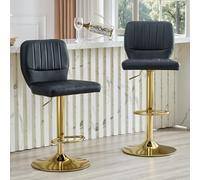 Tabouret de Bar en Simili Cuir, Cuisine et Bistro, Noir et Or, Lot de 2
