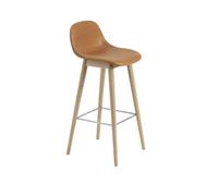 Tabouret de Bar Fiber m. Base et Dossier en Bois Rembourré en Cuir Cognac/Chêne H97,5 cm