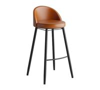 Tabouret de bar moderne de 70 cm avec dossier bas, siège en cuir marron et pieds métalliques noirs. Parfait pour la cuisine et les espaces de salle à manger