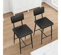 Tabouret de Bar Moderne en métal 65cm - Assise rembourrée épaisse en Cuir PU Noir texturé, Dossier et Repose-Pieds - Lot de 2 chaises contemporaines pour îlot ou Bar - Noir Lychee Grain (2pcs/Set)