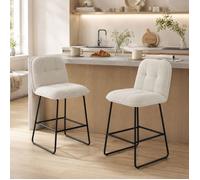 Tabouret de bar - PAGE LIVING - Lot de 2 - Tissu bouclette crème - Assise rembourrée extra-large - Hauteur assise 66 cm