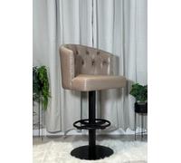 Tabouret de bar pivotant en cuir boutonné profond gris taupe avec base argentée, design élégant à boutons au dos, siège confortable pour cuisine, bar ou salle à manger