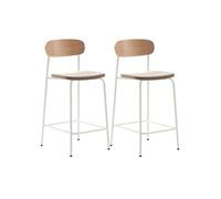 Tabouret de bar RIDILA Lot de 2 - Dossier bois, assise tissu beige, pieds métal blanc, H66cm