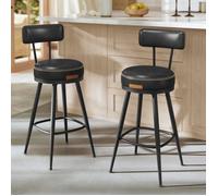 Tabouret de bar, Lot de 2, Siège Rembourré, PU avec coutures, Style Moderne Mi-siècle, Hauteur 65 cm, Noir d'encre Noir