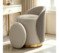 Tabouret de coiffeuse en velours, rond, rotatif à 360°, tabouret rembourré, tabouret de coiffeuse pour salon, chambre à coucher, repose-pieds design moderne (gris avec espace de rangement)