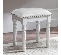 Tabouret de coiffeuse vintage en cuir avec pieds sculptés en bois massif élégant pour chambre à coucher et salon en fourrure 45 cm de hauteur Finition blanche Assise élégante et confortable