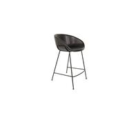 Tabouret de comptoir en cuir noir, assise baquet, coutures décoratives, cadre en acier, repose-pied - Zuiver, Feston - 55x53x89 cm