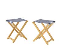 Tabouret de jardin pliable, bois hêtre naturel avec tissu bleu et blanc
