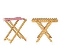 Tabouret de jardin pliable, bois hêtre naturel avec tissu rouge et blanc