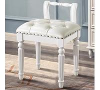 Tabouret de maquillage avec coussin capitonné à boutons, sculpté en bois massif, dossier bas rustique pour dressing, salle à manger, style vintage
