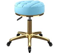 Tabouret de maquillage rond pivotant avec base en métal titane doré et roues en couleur bleue pour salon de beauté