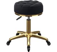 Tabouret de maquillage rond pivotant noir avec base en métal titane doré et roues pour comptoir de salon de beauté
