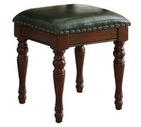 Tabouret de maquillage vintage avec siège en cuir véritable et pieds sculptés pour chambre à coucher, entrée ou piano - Finition verte classique