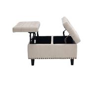 Tabouret de rangement carré avec couvercle de levage - Charnière en métal - Double chambre - Cadre en bois - Rembourrage en mousse - Ottoman - Salon - Chambre à coucher - Repose-pieds (beige + lin)