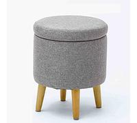 Tabouret de rangement rond avec coussin en coton et lin, repose-pieds rembourré avec pieds en bois et couvercle à plateau, repose-pieds de rangement pour salon ou chambre à coucher