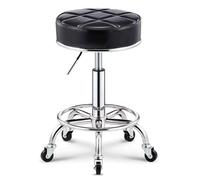 Tabouret de salon de massage pivotant en cuir PU avec repose-pieds, tabouret rond à roulettes for spa de beauté, tabouret de bar à hauteur réglable for coiffure, manucure, tatouage, barbier(Black)