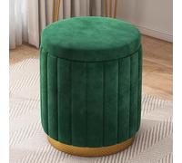 Tabouret de vanité de record de bascule rembourré en velours rond, couvercle amovible, tabourets de pied de base en métal doré pour le dortoir de la chambre à coucher (couleur: vert) powerfully