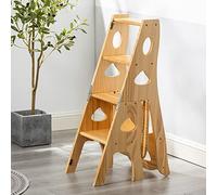 Tabouret d'escalade d'intérieur pliable à 4 marches - Échelle portable en bois pour cuisine, banc à chaussures et porte-fleurs - Escabeau compact, petit repose-pieds, chaise d'escalier polyvalente