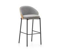 Tabouret Eamy en chenille gris clair avec placage frêne et finition naturelle, métal noir, 77 cm
