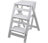 Tabouret échelle à 3 marches, Chaise d'escalier Pliante multifonctionnelle, escabeau à Double Usage, échelle en Bois Massif for la Maison(White)