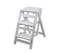 Tabouret échelle à 3 marches, Chaise d'escalier Pliante multifonctionnelle, escabeau à Double Usage, échelle en Bois Massif for la Maison(White)