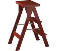Tabouret-échelle de bibliothèque pliant en bois portable avec étagère à fleurs, convertible en escabeau pour adultes, capacité de charge maximale de 100 kg, rouge vin avec coussin (rouge vin sans