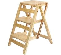 Tabouret escabeau 3 marches, Tabouret Pliant Multifonctionnel, marchepied Double Usage en Bois Massif (Naturel)
