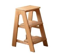 Tabouret escabeau à 3 marches en bois massif naturel - Tabouret de bar multifonction et marchepied de cuisine, idéal pour la maison, la bibliothèque et le support de fleurs