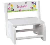 Tabouret et chaise 2 en 1 personnalis s pour enfants Fox Valley Traders, motif papillon et fleur en bois blanc avec nom personnalis