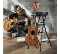 Tabouret Guitare Pliable avec Support Intégré, Repose-Pied et Crochet Rétractable, Siège Rembourré, Réglable en Hauteur, en Métal, pour Studio, Scène, Acoustique, Électrique, Basse Noir