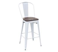 Tabouret HWC-A73, avec siège en bois et dossier, métal, style industriel blanc