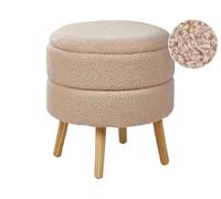 Tabouret Moderne en Bouclé Rangement Pieds en Bois Beige Okaton