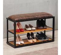 Tabouret ottoman de style industriel avec revêtement en cuir, banc en bois rustique pour rangement de chaussures, parfait pour le salon, la chambre à coucher et l'entrée