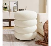 Tabouret ottoman rond en bouclette doux et compact rembourré avec repose-pieds rembourré pour salon, chambre à coucher, canapé 35 x 35 x 22 cm, blanc