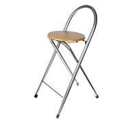 Tabouret pliable avec dossier 80 x 28,5 cm. Chaise, banquette métallique avec siège rond en bois et repose-pieds pour intérieur ou extérieur, cuisine, salon, terrasse, jardin, camping (1)