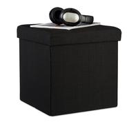 Relaxdays Tabouret Pliant en Lin Pouf de Rangement Pliable Repose-Pieds de Stockage carré 38 x 38 x 38 cm, Noir