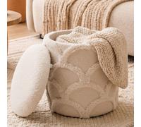 FineBuy Pouf de Rangement en Tissu Teddy 40cm Crème Blanc Rond - Design Pouf en Tissu Boho avec Couvercle Amovible - Pouf de Coiffeuse - Pouf d'appoint pour Salon Fait Main