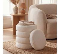 Tabouret Pouf de rangement tissu Teddy 40cm Crème Rond Rembourré Boho Fait main