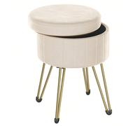 Tabouret Rangement, Siège Rond, Tabouret Coiffeuse, Pouf en Velours, Repose-pieds, 39 x 44,4 cm (Diamètre x H), 4 Pieds en Métal, pour Coins Beauté, Salon, Chambre, Blanc Crème La polyvalence à son to