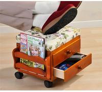 Tabouret repose-pieds en bois, 2 tiroirs + compartiment pour magazines, avec roulettes, revêtement tissu, tabouret rembourré