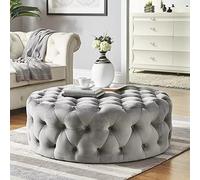 Tabouret Repose-Pieds Luxueux et Confortable en Peluche, Petite Table Basse Moderne, Pouf Rond en Velours capitonné, Banc de Bout de lit pour Salon Chambre d'hôte-Gris 60x60x40cm(24x24x16inch)