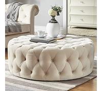 Tabouret Repose-Pieds Luxueux et Confortable en Peluche, Petite Table Basse Moderne, Pouf Rond en Velours capitonné, Banc de Bout de lit pour Salon Chambre d'hôte-Beige 60x60x40cm(24x24x16inch)