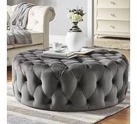 Tabouret Repose-Pieds Luxueux et Confortable en Peluche, Petite Table Basse Moderne, Pouf Rond en Velours capitonné, Banc de Bout de lit pour Salon Chambre d'hôte-Gris foncé 60x60x40cm(24x24x16inch)