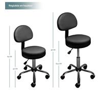 Vivezen Tabouret rond à roulettes, dossier réglable 50–64 cm, pivotant 360° - 2 coloris