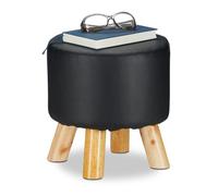 Tabouret rond en simili cuir Relaxdays, pieds bois de pin 30 x 30 cm, pouf rembourré noir